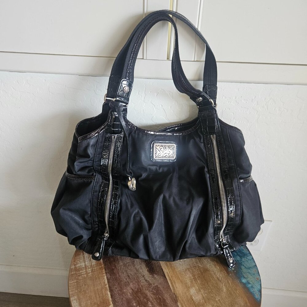 Brighton Black Nylon Satchel/Purse Croc Trim, Silver Heart Charm & Dust Bag 17"
